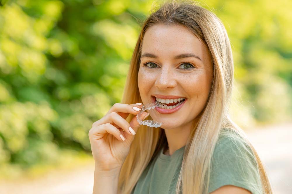 Woman wearing clear aligners for Invisalign teeth straightening treatment in Southfield, MI